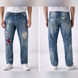 Men’s Distressed Moto Biker Jeans | Patchwork Ribbed Accents | Size 36 | Modern